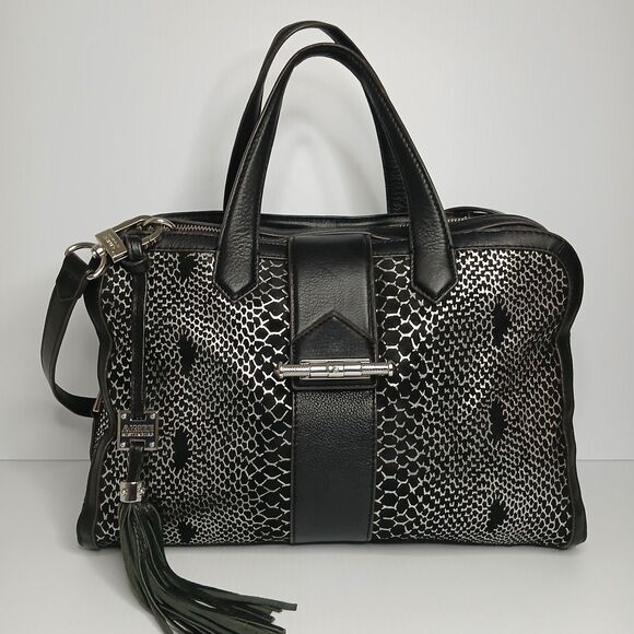 Aimee Kestenberg Leather Handbag  Black Purse Snake Print Metallic Satchel - Picture 2 of 16